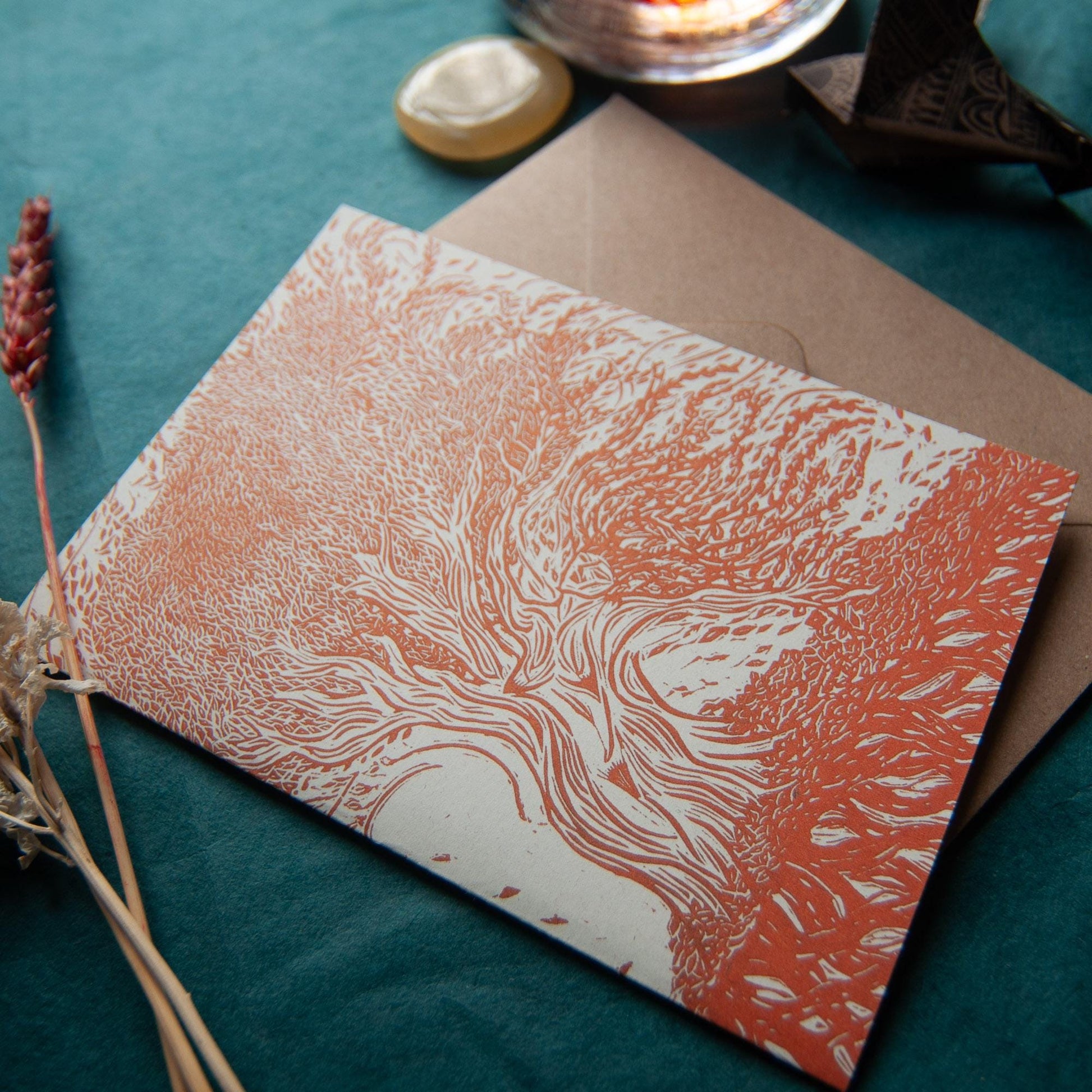 The Autumn Dryad Goddess | Dryad mythology linocut print , Recycled eco-friendly | Greeting card.