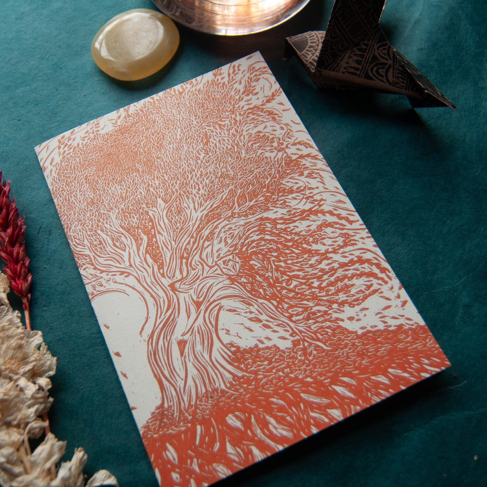 The Autumn Dryad Goddess | Dryad mythology linocut print , Recycled eco-friendly | Greeting card.