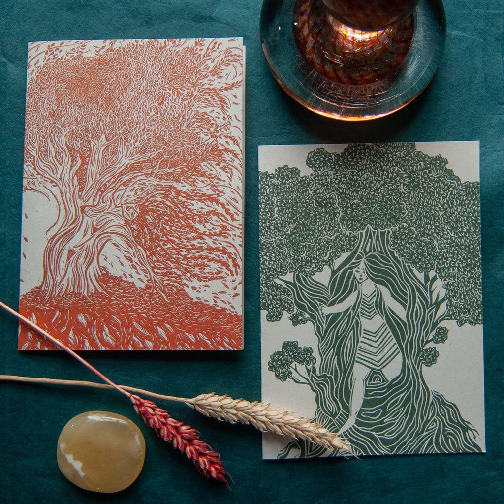 The Autumn Dryad Goddess | Dryad mythology linocut print , Recycled eco-friendly | Greeting card.