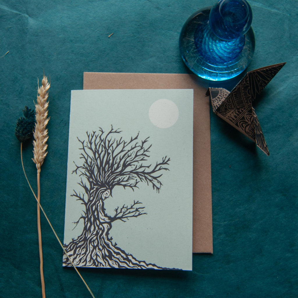 The Tree Hag Dryad Goddess | Winter Dryad mythology linocut print , Recycled eco-friendly | Greeting card.