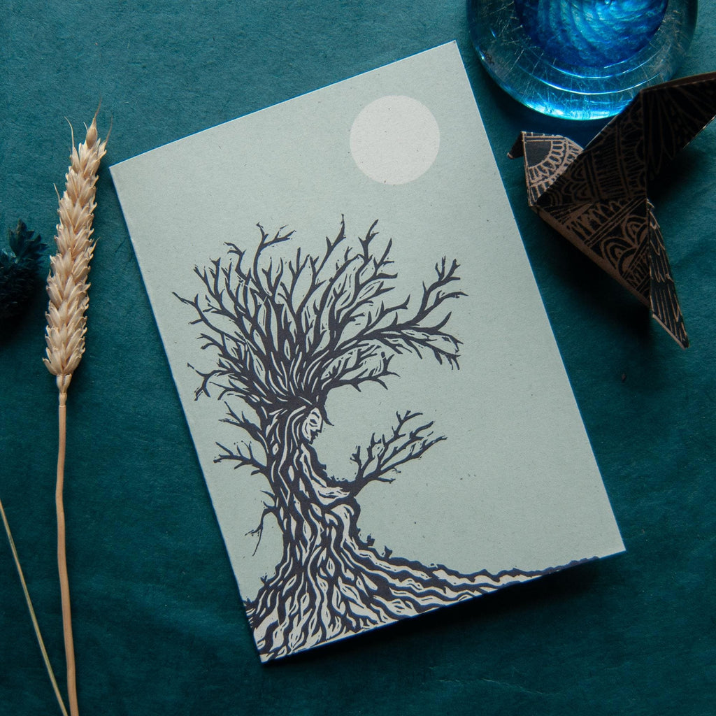 The Tree Hag Dryad Goddess | Winter Dryad mythology linocut print , Recycled eco-friendly | Greeting card.