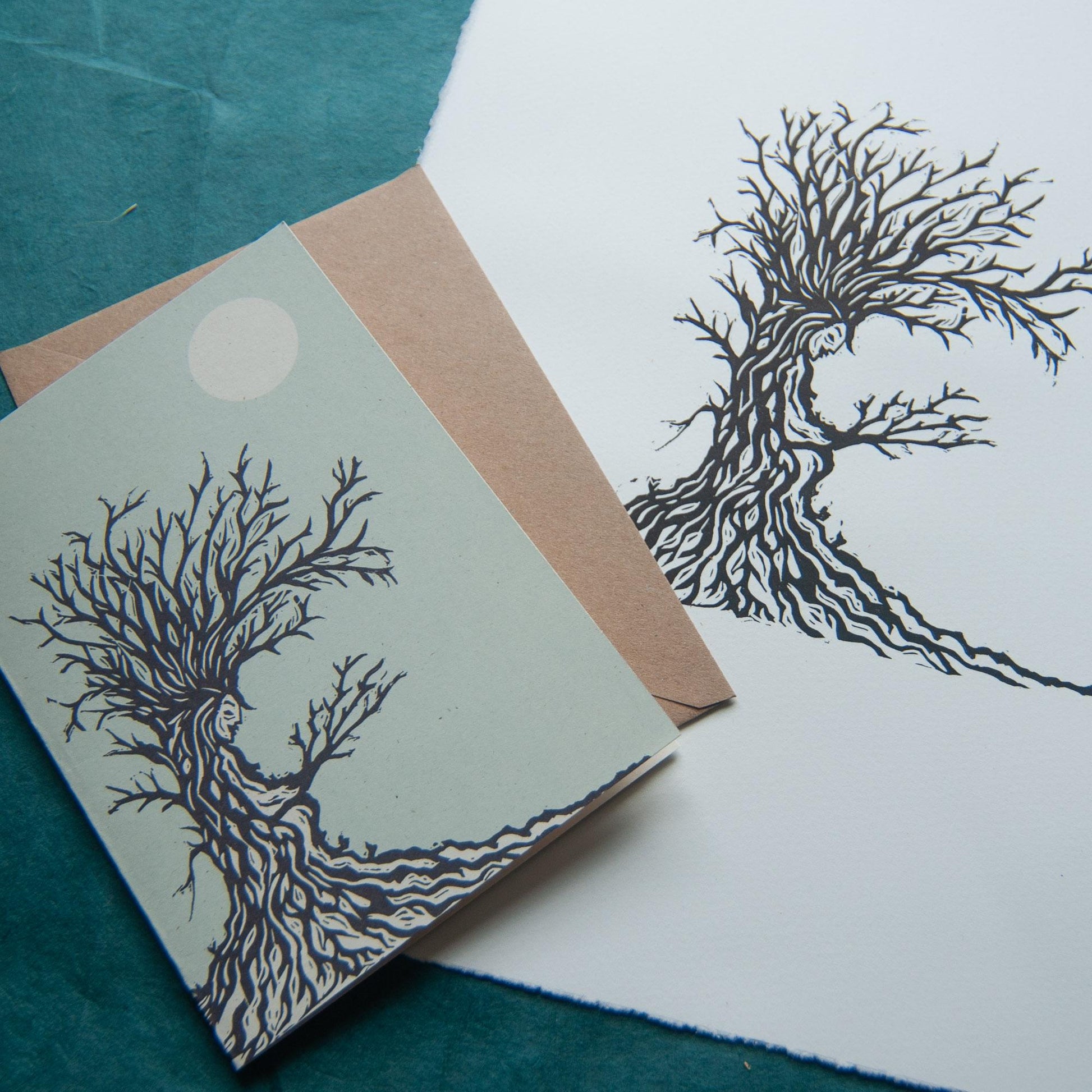 The Tree Hag Dryad Goddess | Winter Dryad mythology linocut print , Recycled eco-friendly | Greeting card.