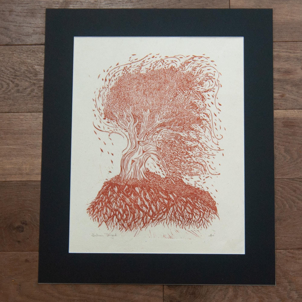 Autumn Dryad nature spirit Original Linocut Print | goddess hand printed art