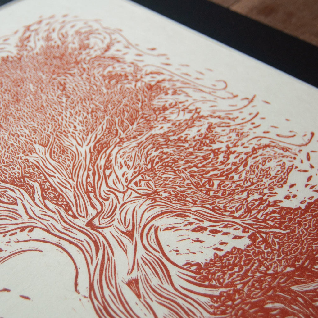 Autumn Dryad nature spirit Original Linocut Print | goddess hand printed art