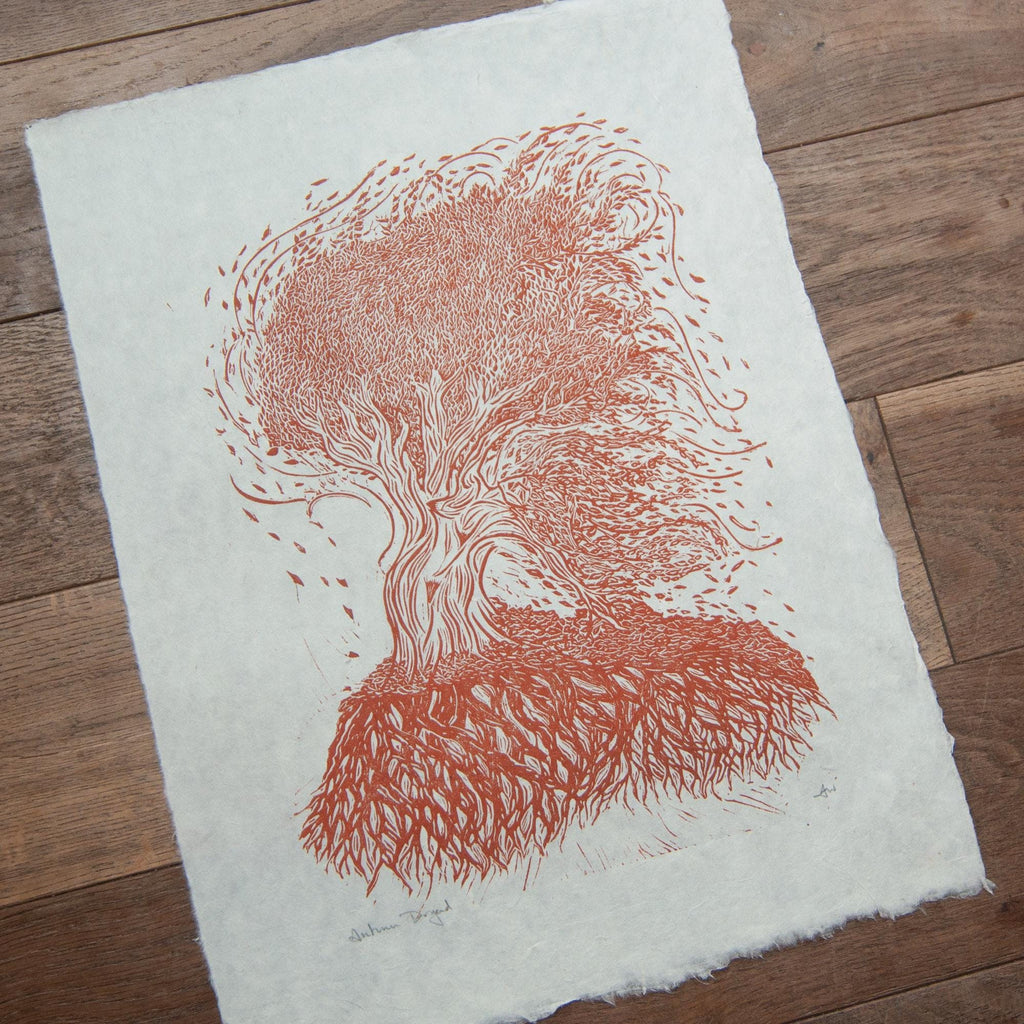 Autumn Dryad nature spirit Original Linocut Print | goddess hand printed art