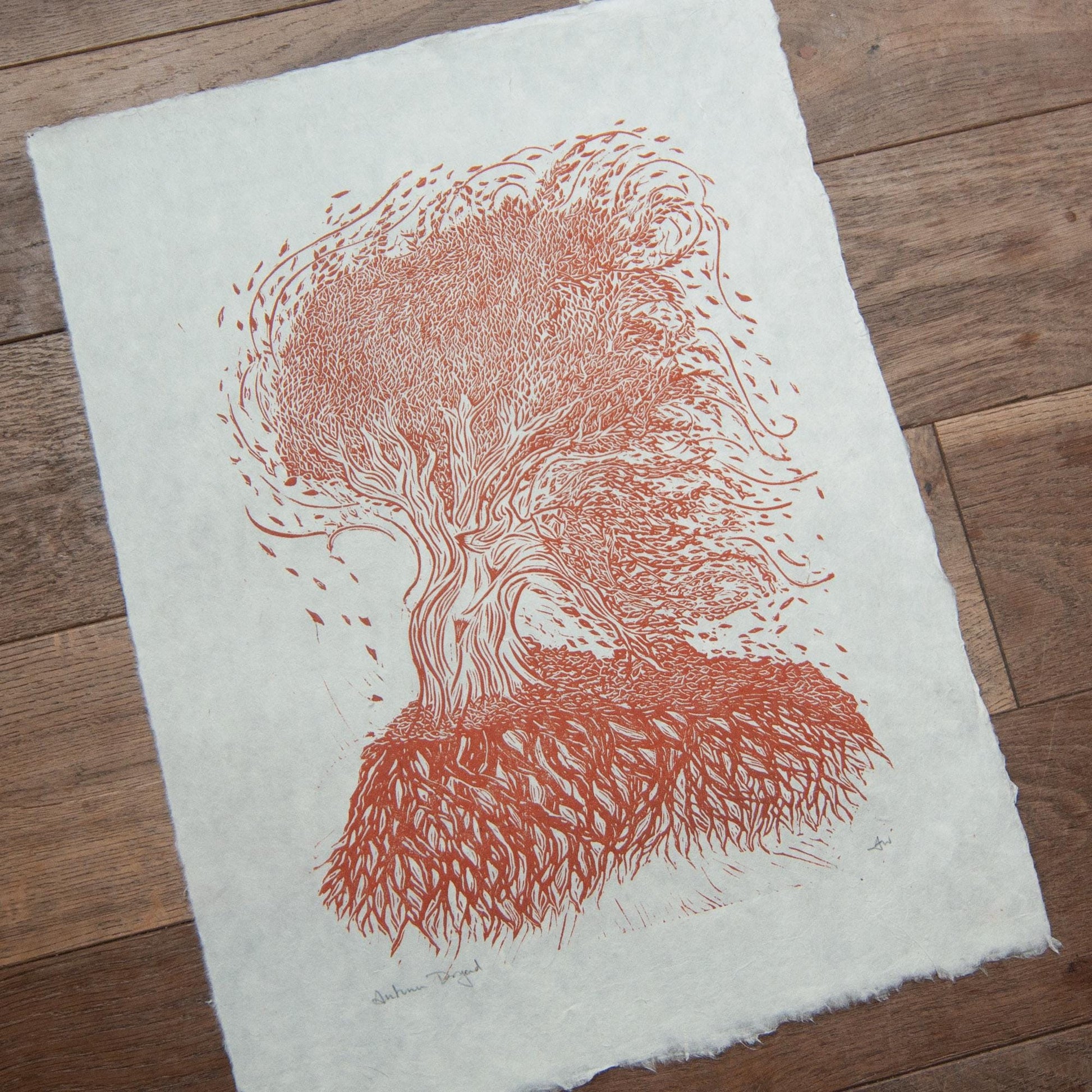 Autumn Dryad nature spirit Original Linocut Print | goddess hand printed art