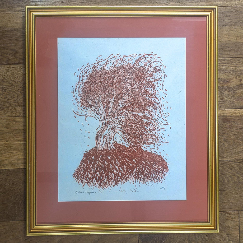 Autumn Dryad nature spirit Original Linocut Print | goddess hand printed art