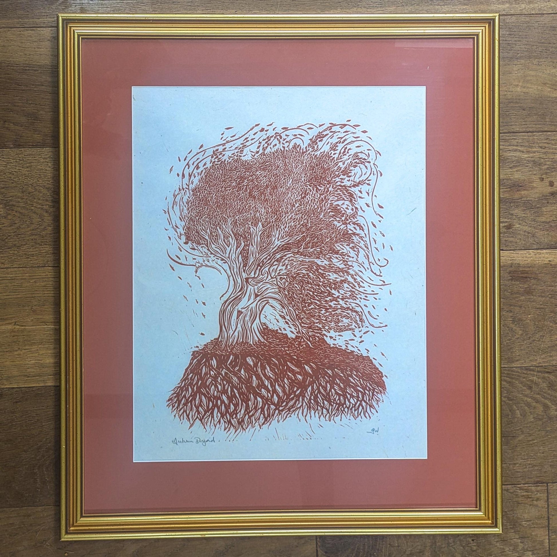 Autumn Dryad nature spirit Original Linocut Print | goddess hand printed art