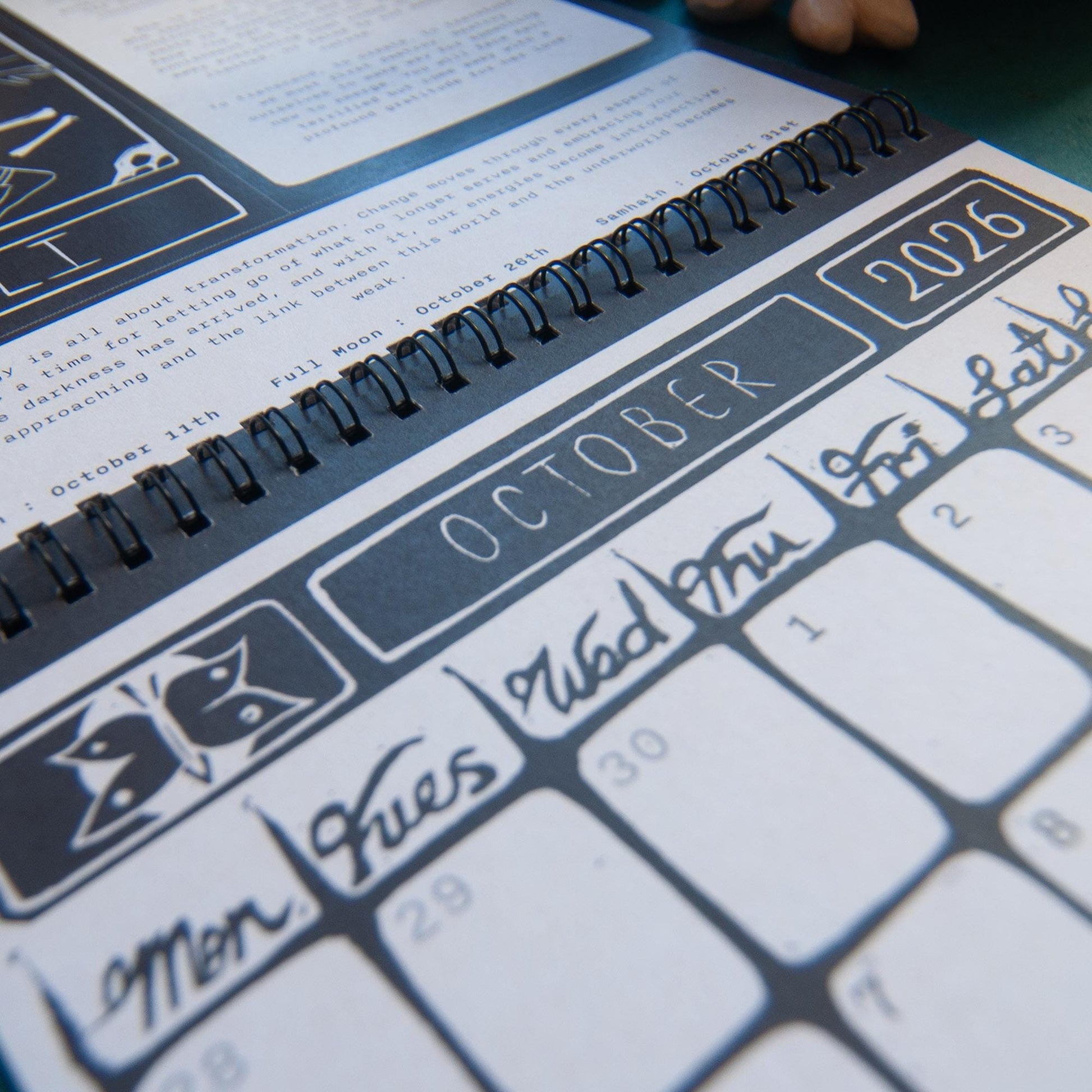 Calendar 2026, sisters of shadow - dark goddesses and feminine power. Original pagan linocut art with goddess guidance. Moon Phase calendar.