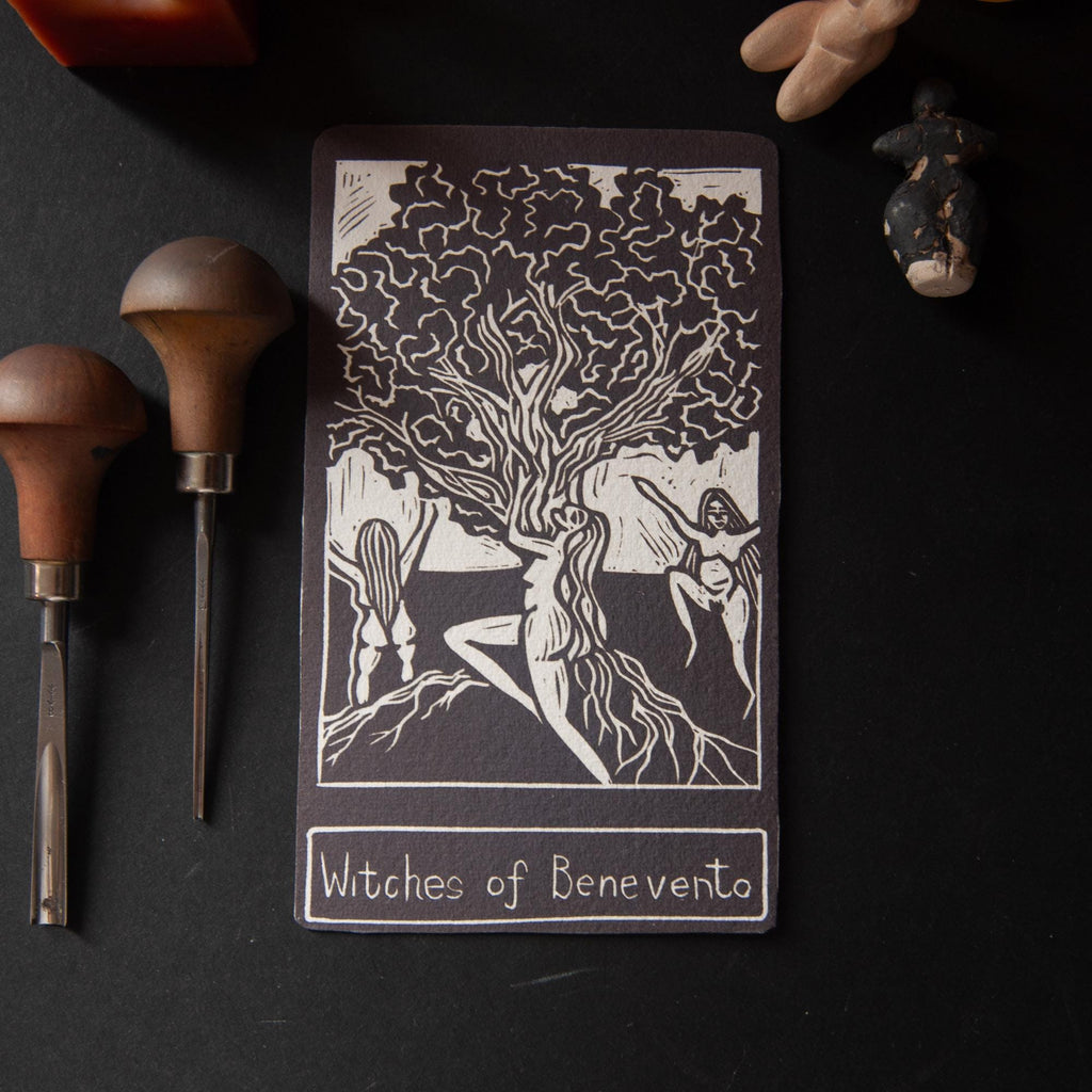 The Witches of Benevento | goddess oracle card handmade linocut art, eco-friendly gifts.
