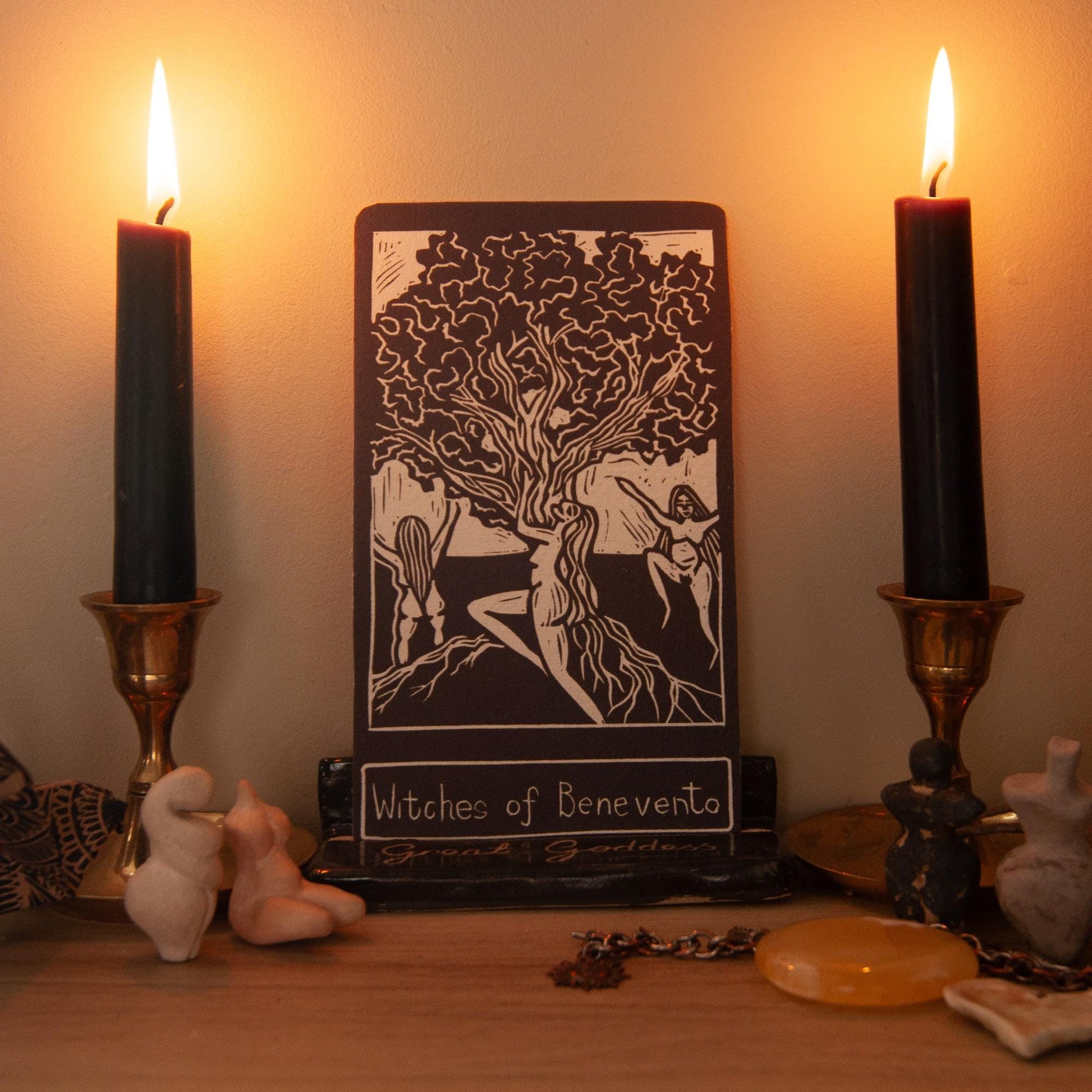 The Witches of Benevento | goddess oracle card handmade linocut art, eco-friendly gifts.