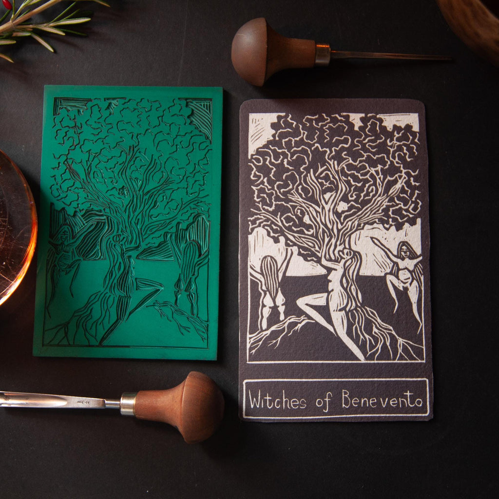 The Witches of Benevento | goddess oracle card handmade linocut art, eco-friendly gifts.