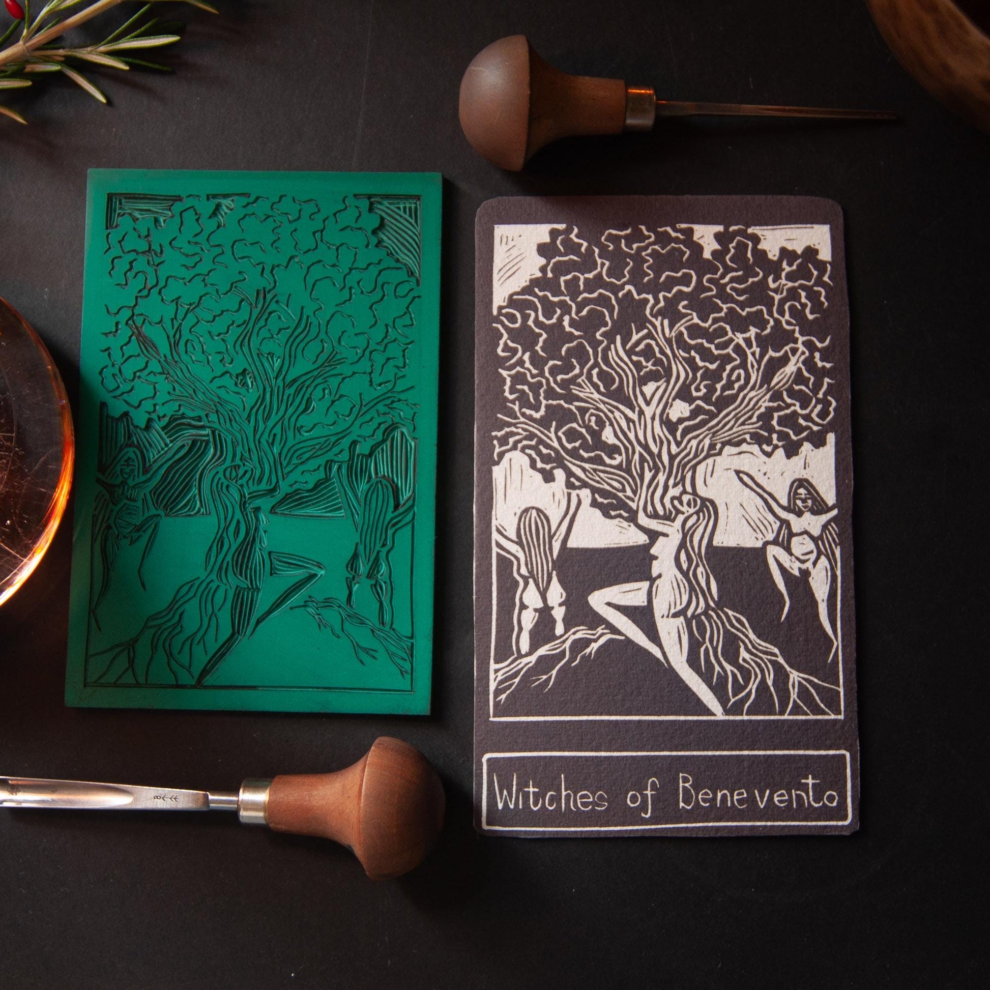 The Witches of Benevento | goddess oracle card handmade linocut art, eco-friendly gifts.