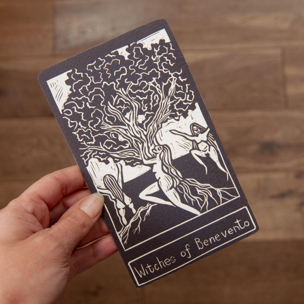The Witches of Benevento | goddess oracle card handmade linocut art, eco-friendly gifts.