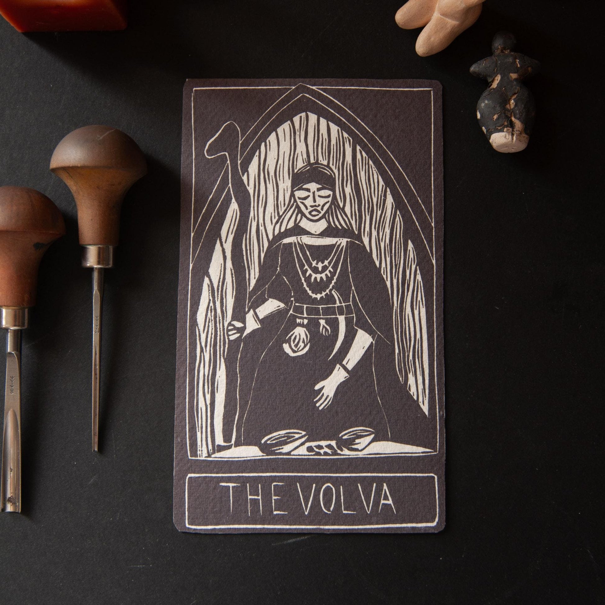 The Volva | Norse witches oracle card handmade linocut art, eco-friendly gifts.
