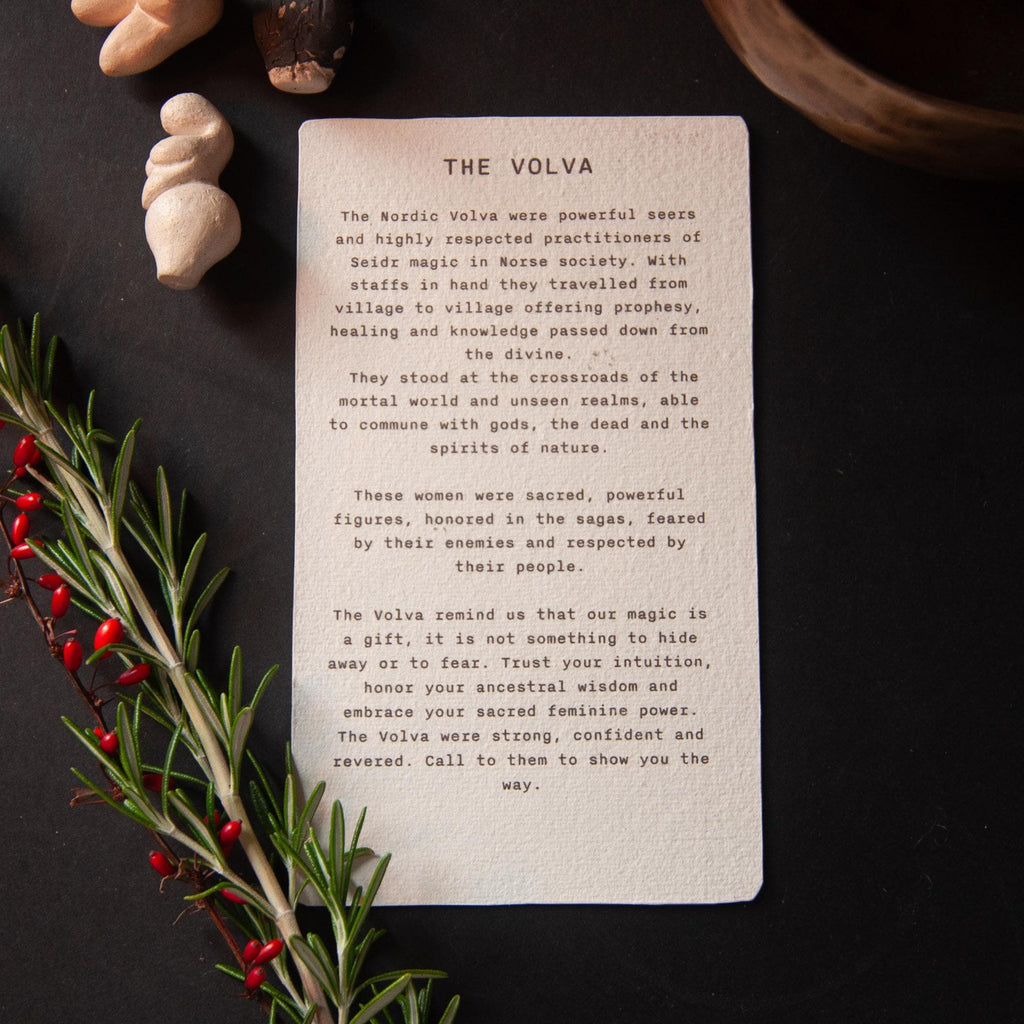The Volva | Norse witches oracle card handmade linocut art, eco-friendly gifts.