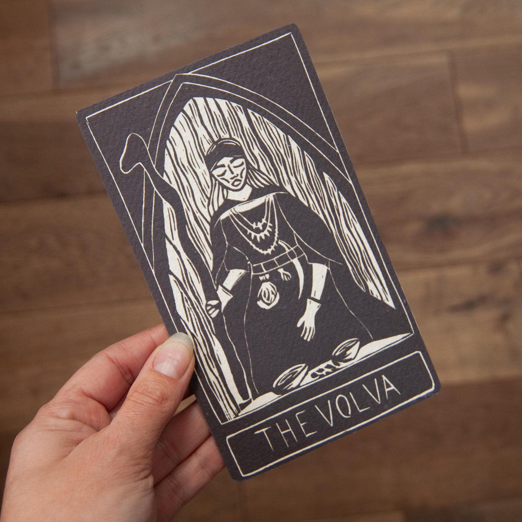 The Volva | Norse witches oracle card handmade linocut art, eco-friendly gifts.