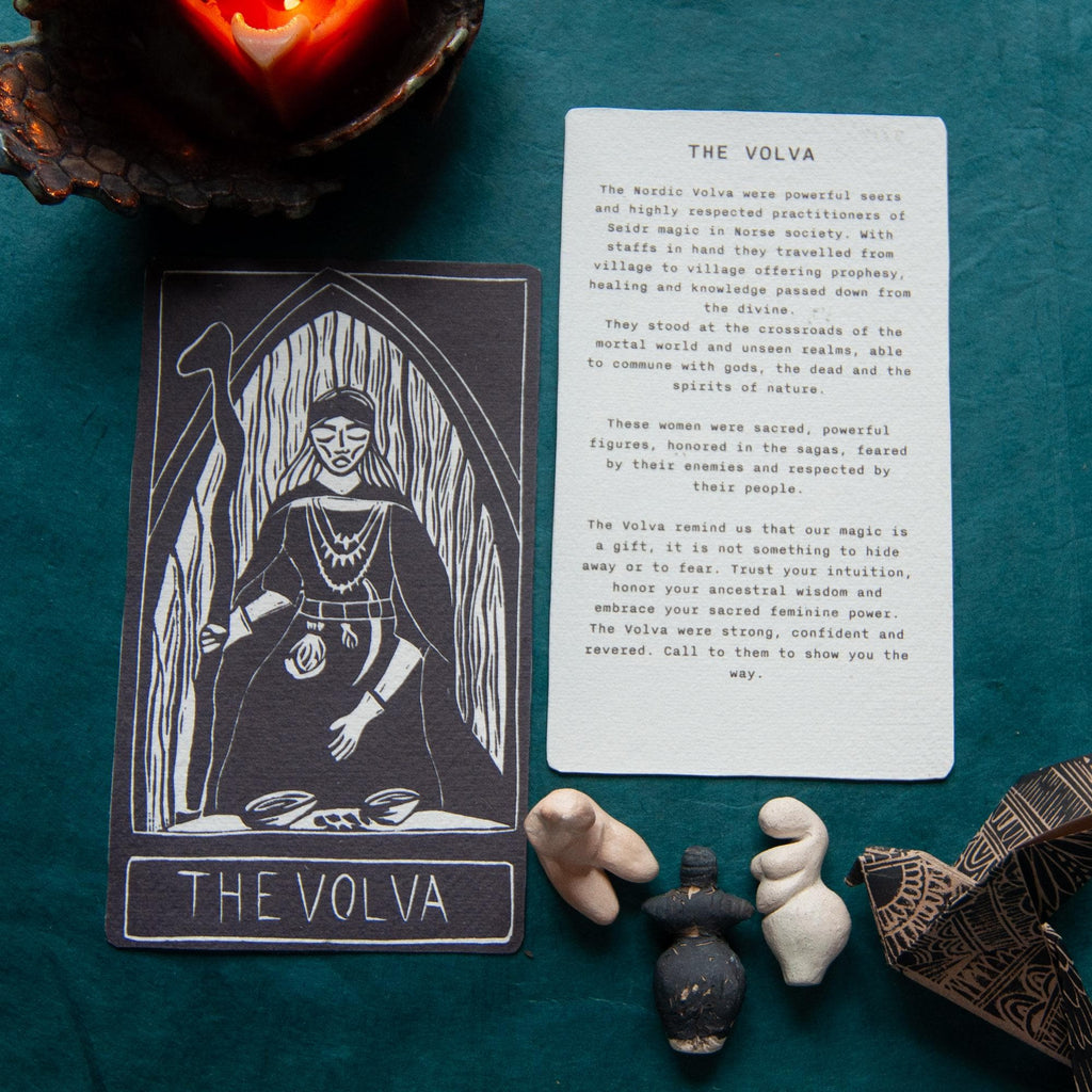 The Volva | Norse witches oracle card handmade linocut art, eco-friendly gifts.