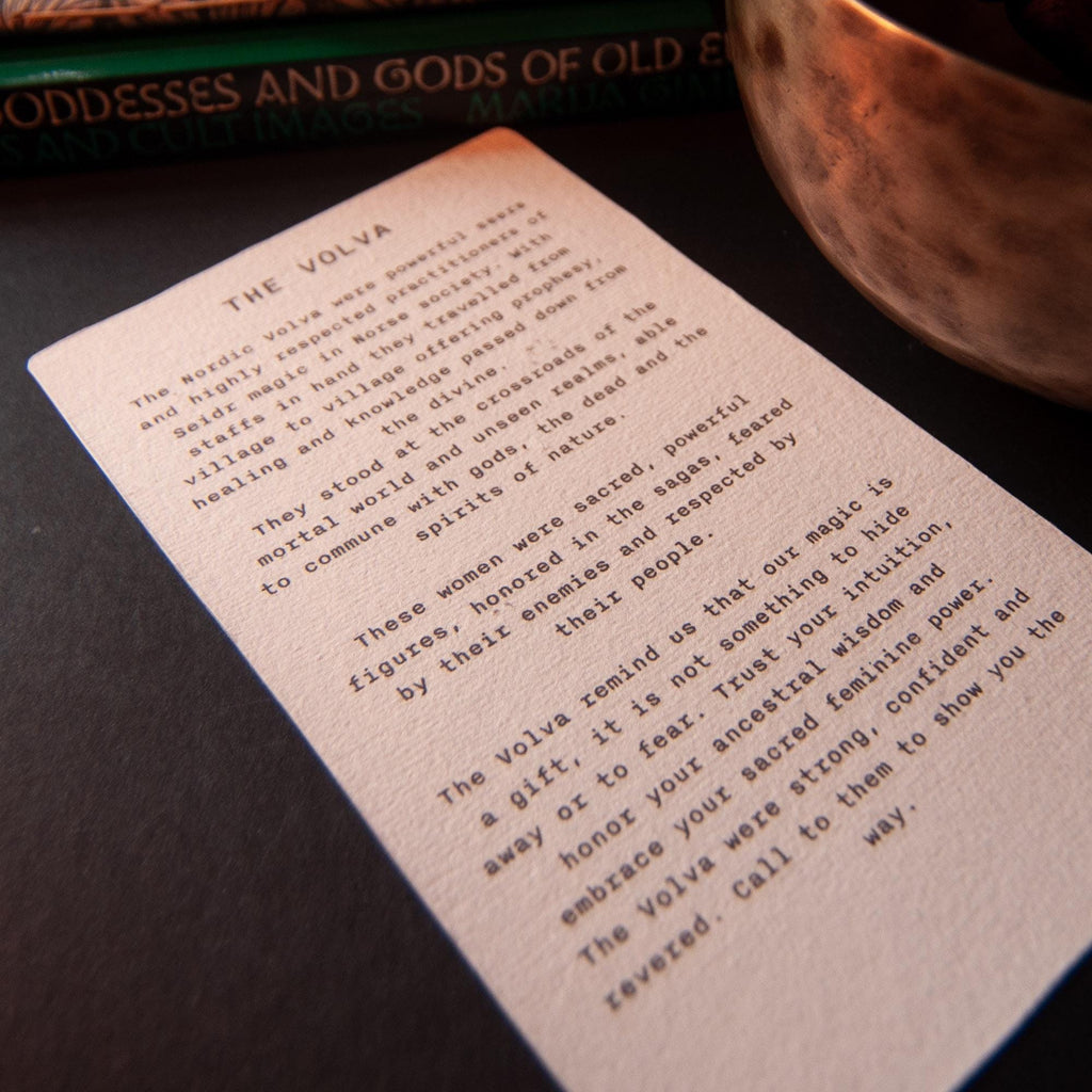 The Volva | Norse witches oracle card handmade linocut art, eco-friendly gifts.