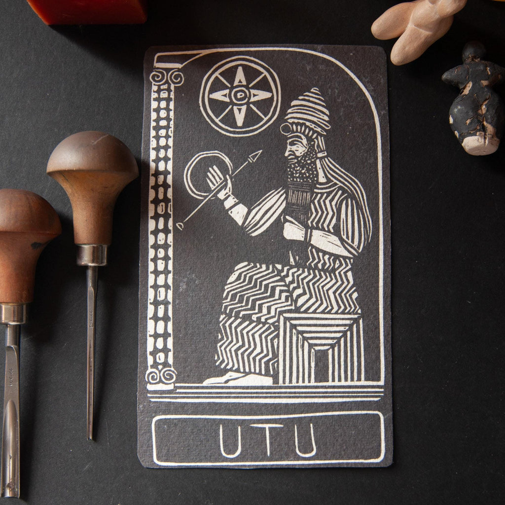 God Utu | Handmade goddess/god oracle cards, linocut art, eco-friendly gifts.