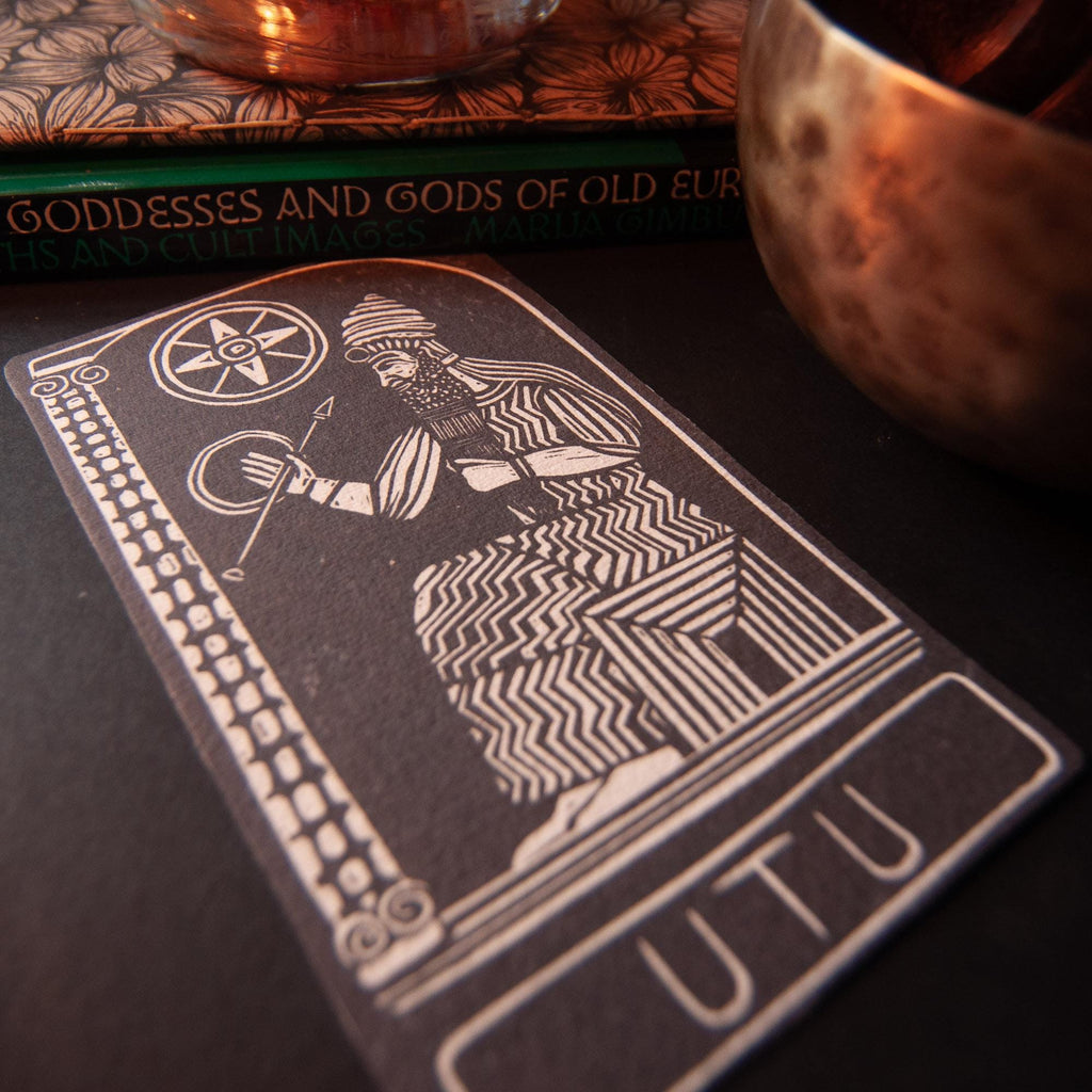 God Utu | Handmade goddess/god oracle cards, linocut art, eco-friendly gifts.