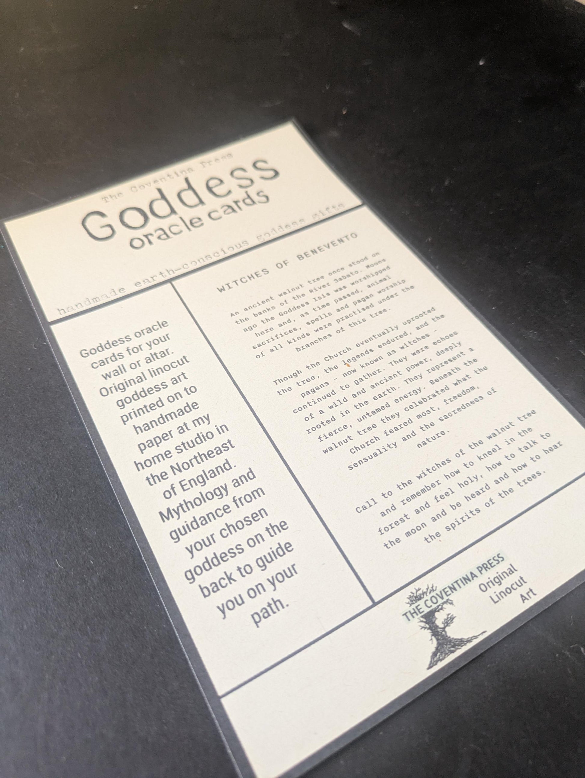 The Witches of Benevento | goddess oracle card handmade linocut art, eco-friendly gifts.