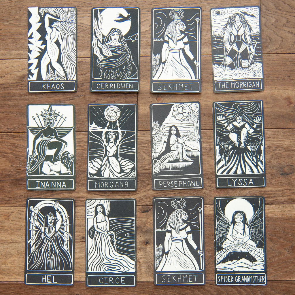 The Volva | Norse witches oracle card handmade linocut art, eco-friendly gifts.
