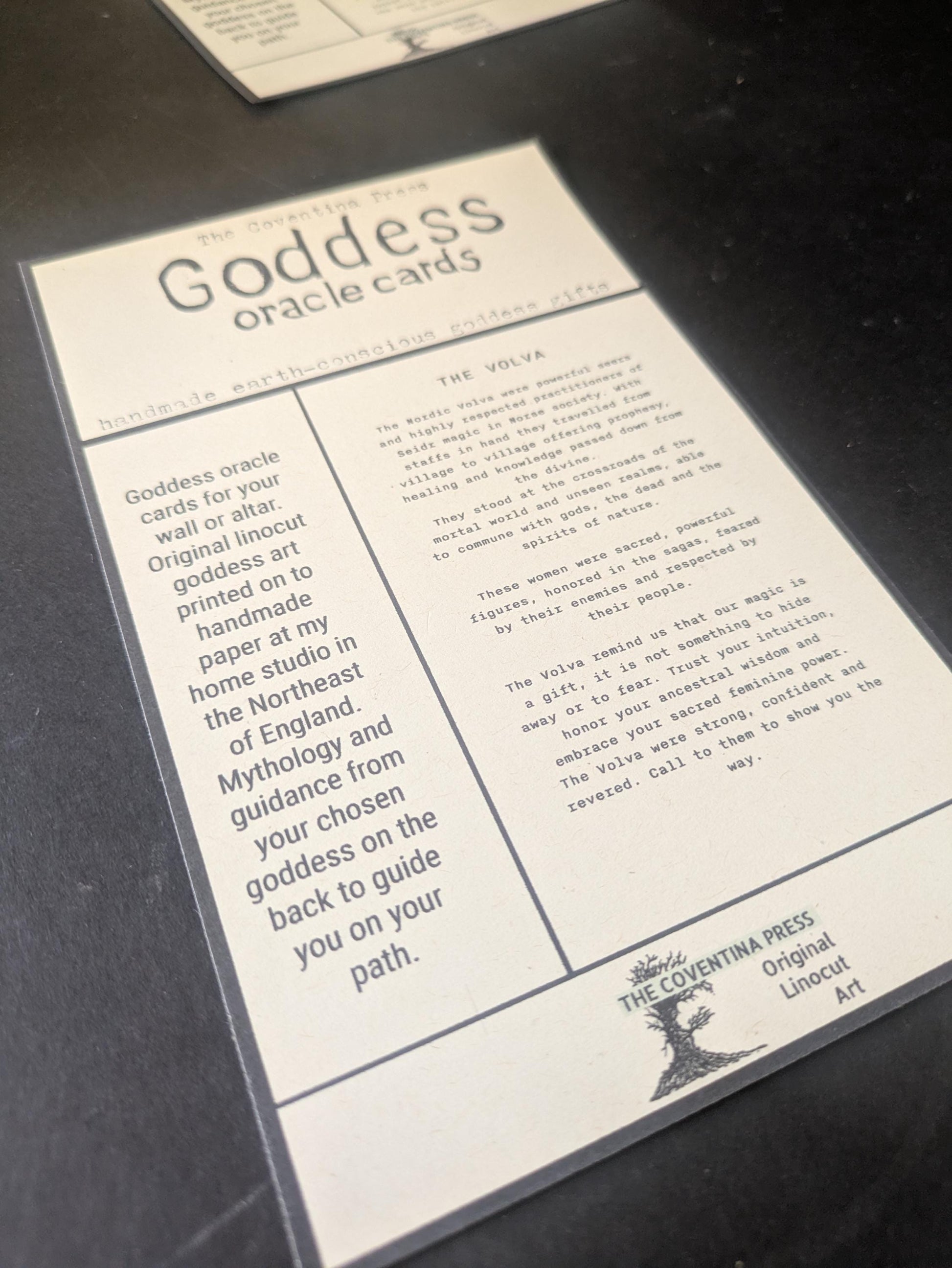 The Volva | Norse witches oracle card handmade linocut art, eco-friendly gifts.