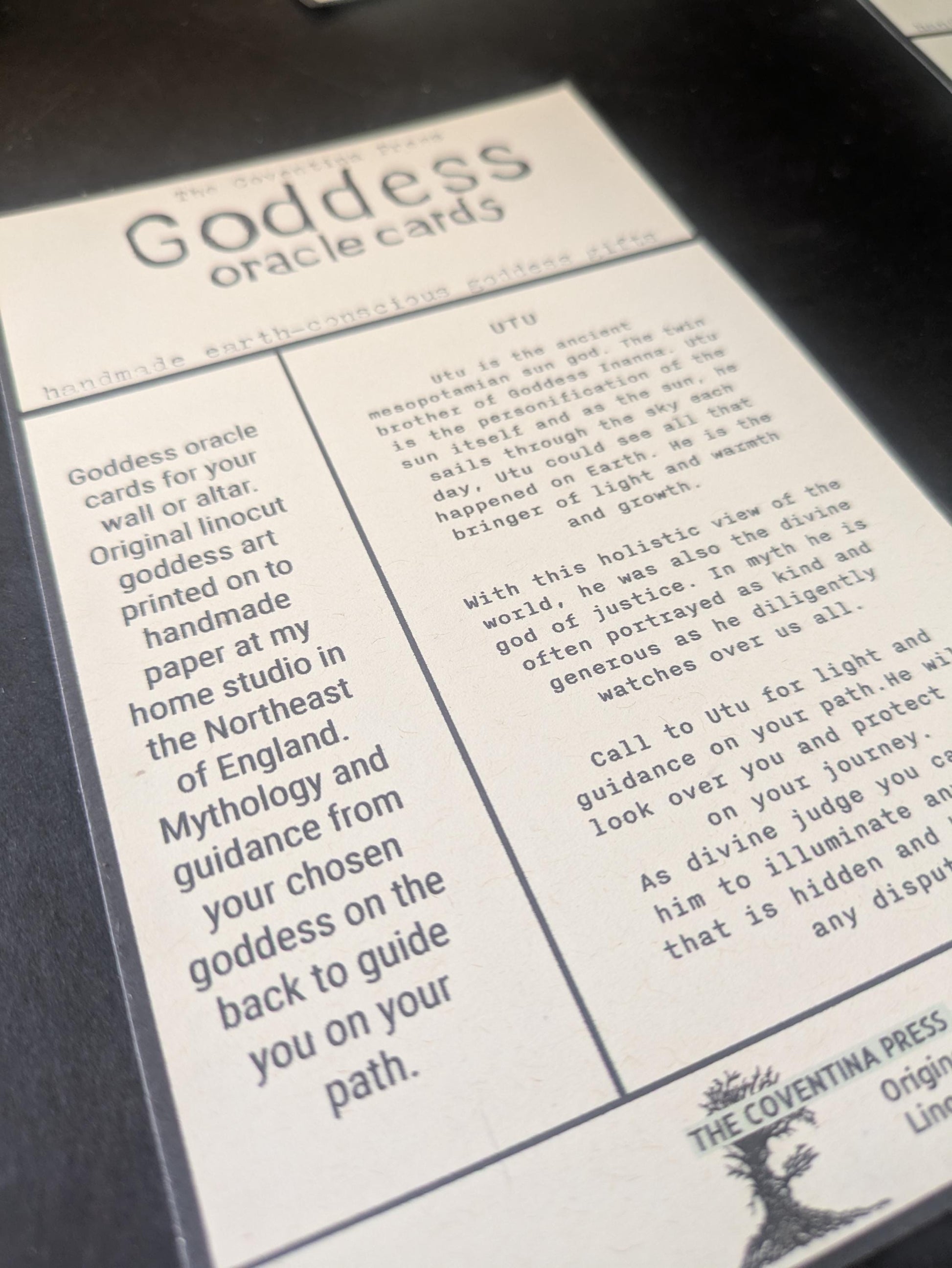 God Utu | Handmade goddess/god oracle cards, linocut art, eco-friendly gifts.