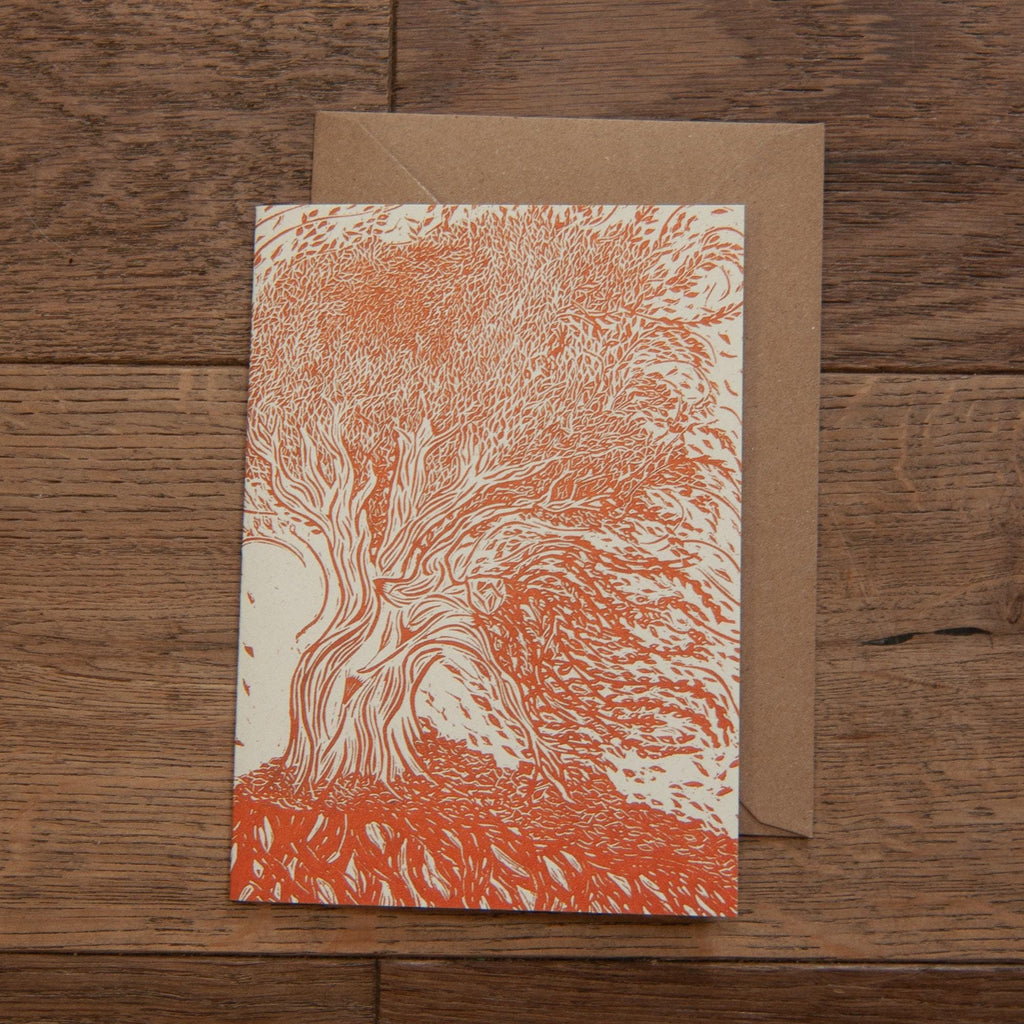 The Autumn Dryad Goddess | Dryad mythology linocut print , Recycled eco-friendly | Greeting card.