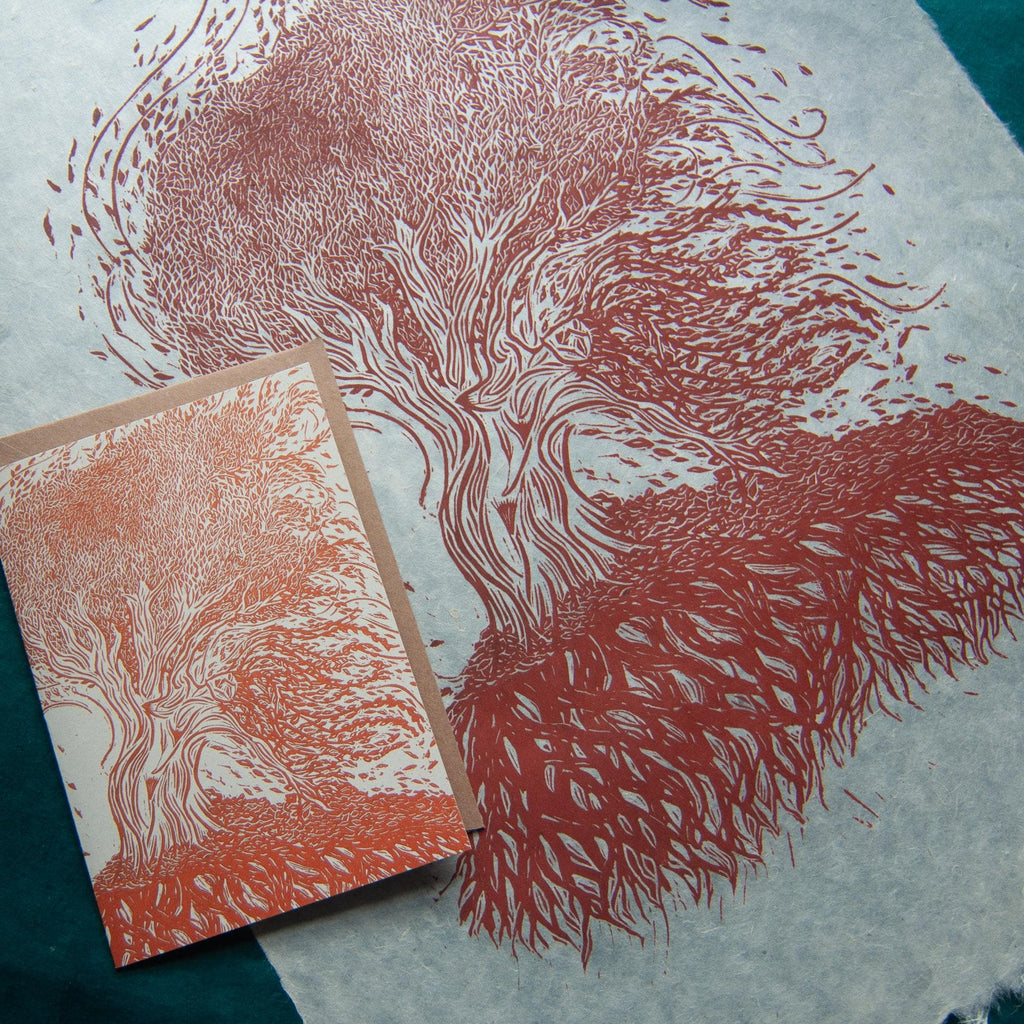 The Autumn Dryad Goddess | Dryad mythology linocut print , Recycled eco-friendly | Greeting card.