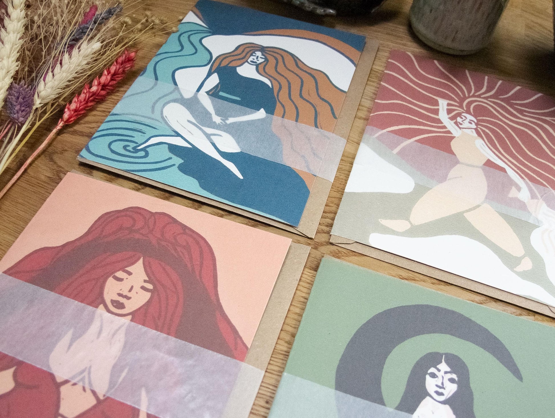 The Autumn Dryad Goddess | Dryad mythology linocut print , Recycled eco-friendly | Greeting card.