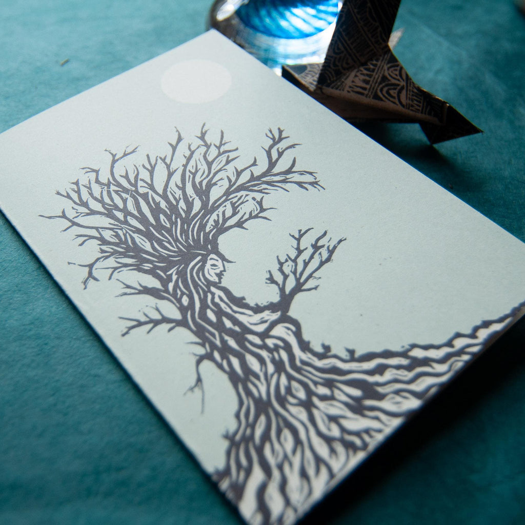 The Tree Hag Dryad Goddess | Winter Dryad mythology linocut print , Recycled eco-friendly | Greeting card.