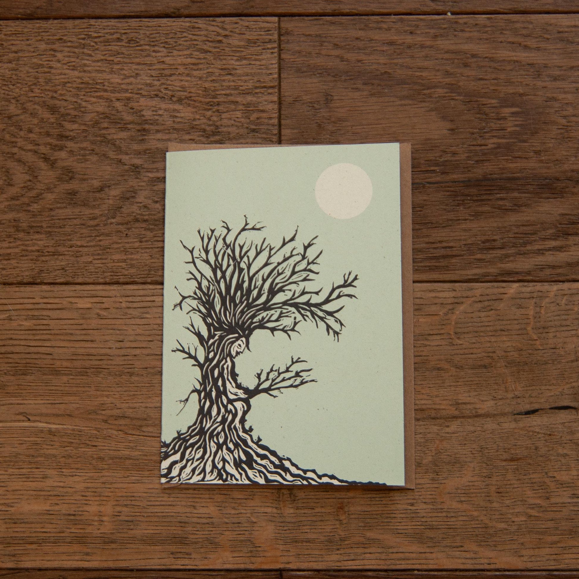 The Tree Hag Dryad Goddess | Winter Dryad mythology linocut print , Recycled eco-friendly | Greeting card.