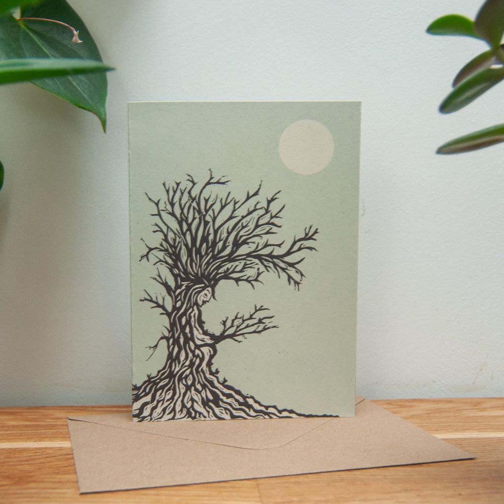 The Tree Hag Dryad Goddess | Winter Dryad mythology linocut print , Recycled eco-friendly | Greeting card.