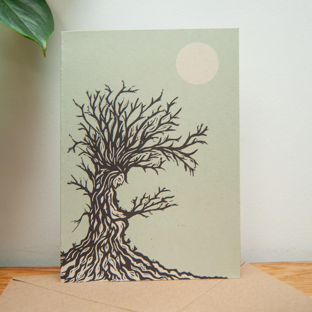 The Tree Hag Dryad Goddess | Winter Dryad mythology linocut print , Recycled eco-friendly | Greeting card.