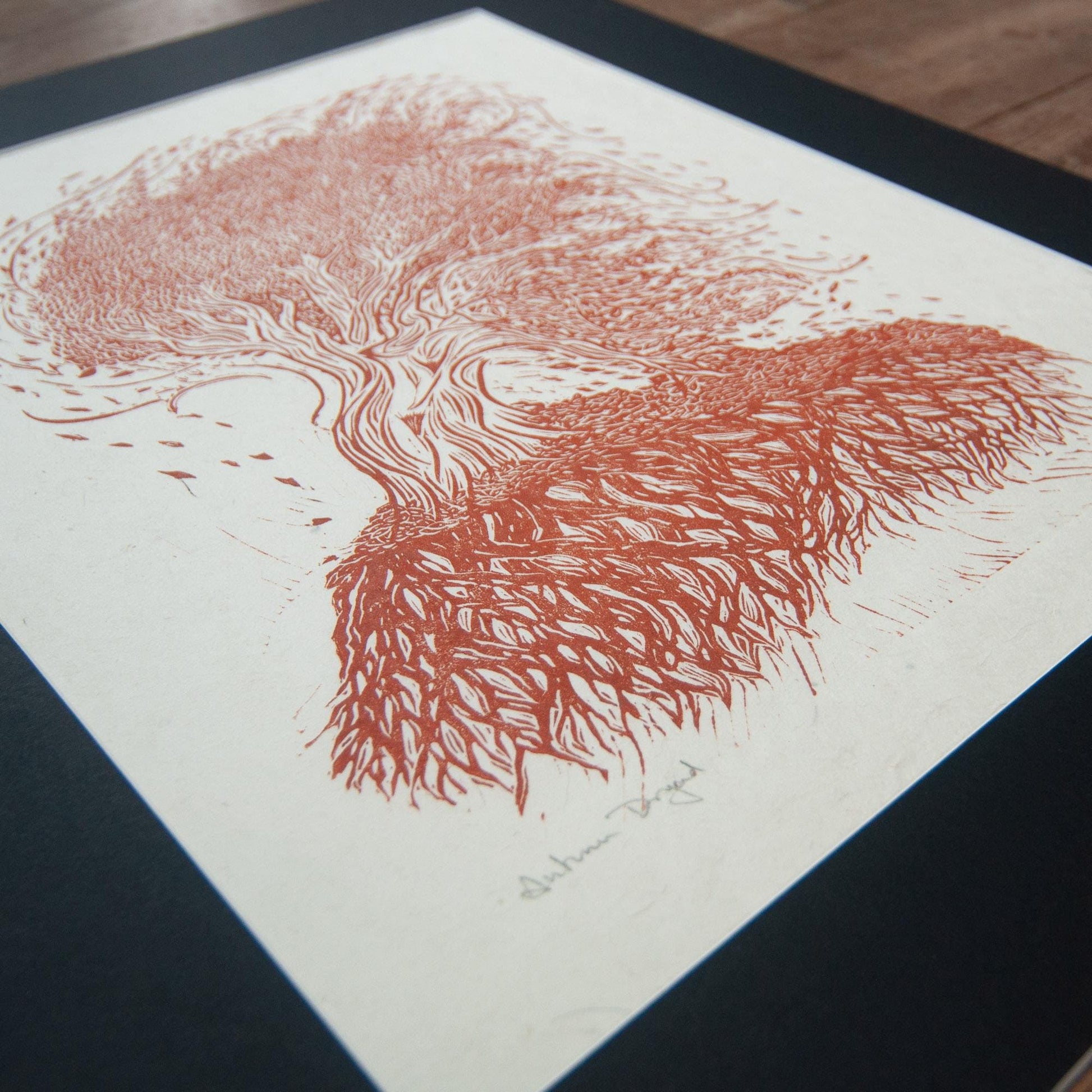 Autumn Dryad nature spirit Original Linocut Print | goddess hand printed art