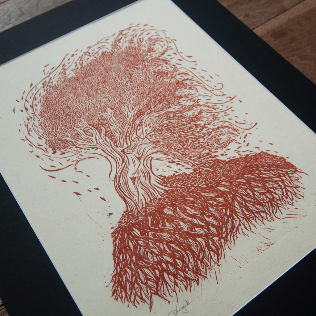 Autumn Dryad nature spirit Original Linocut Print | goddess hand printed art