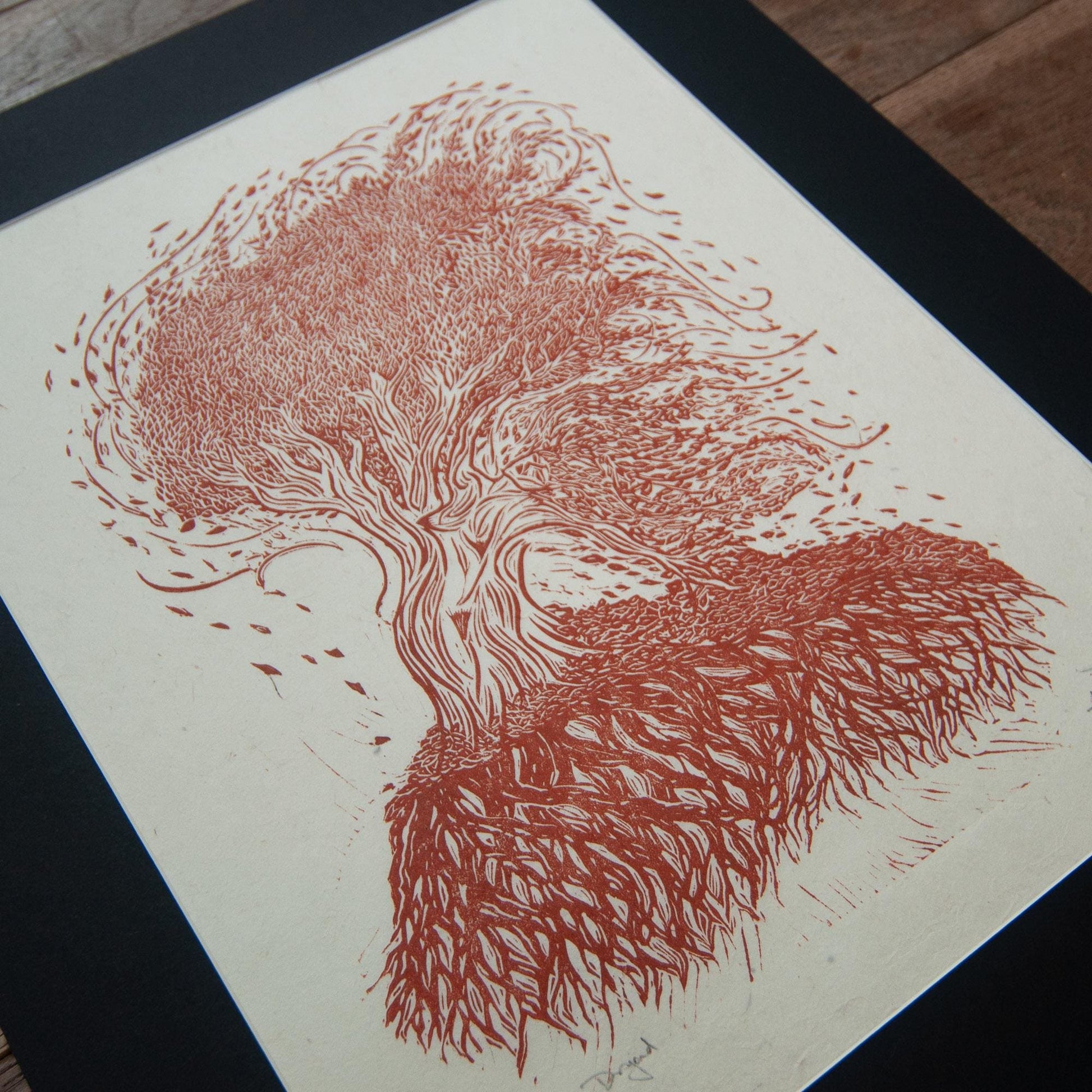 Autumn Dryad nature spirit Original Linocut Print | goddess hand printed art