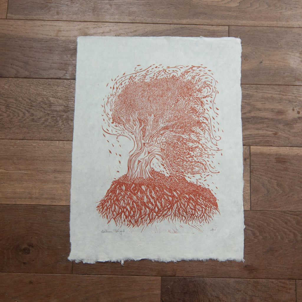 Autumn Dryad nature spirit Original Linocut Print | goddess hand printed art