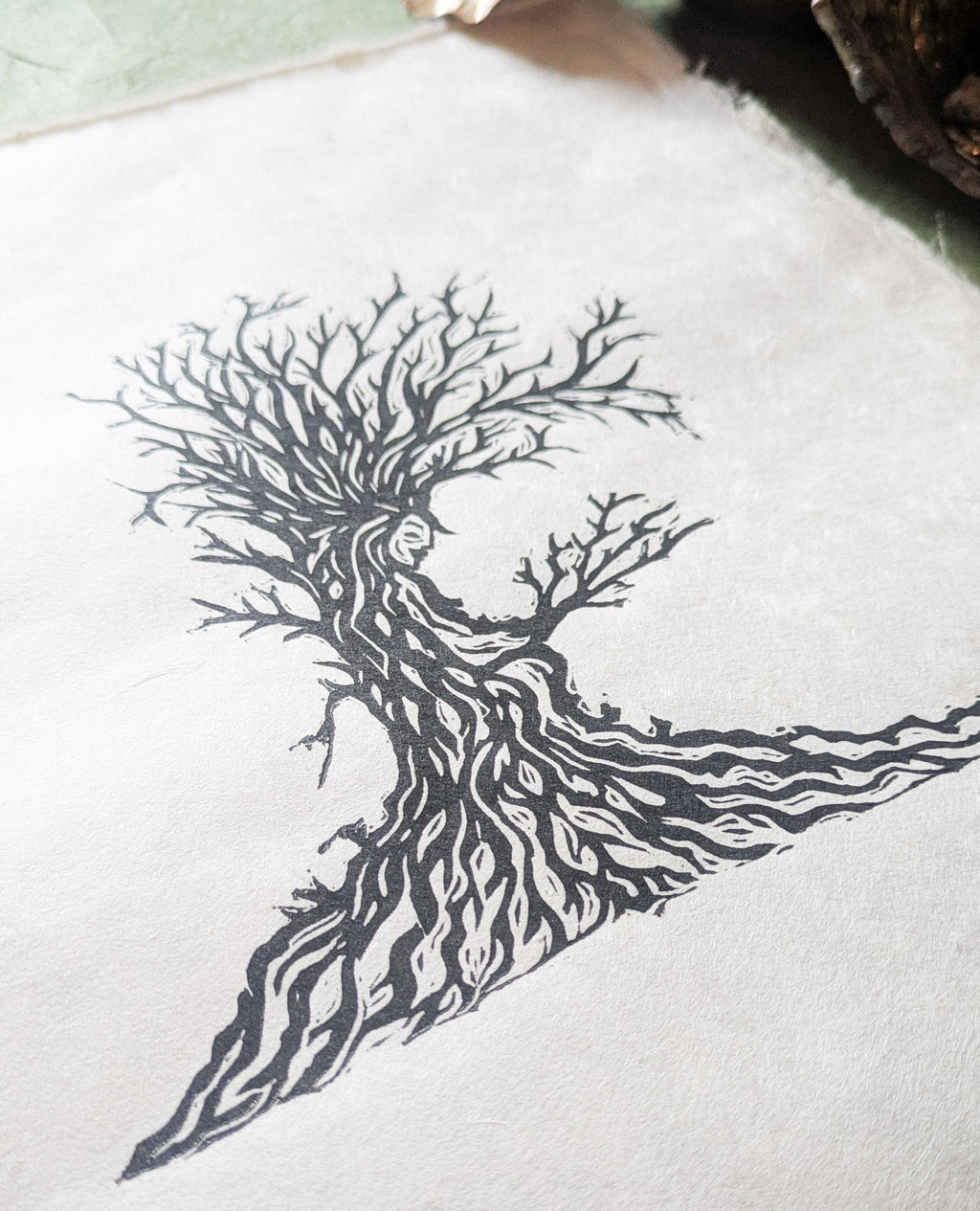 Autumn Dryad nature spirit Original Linocut Print | goddess hand printed art