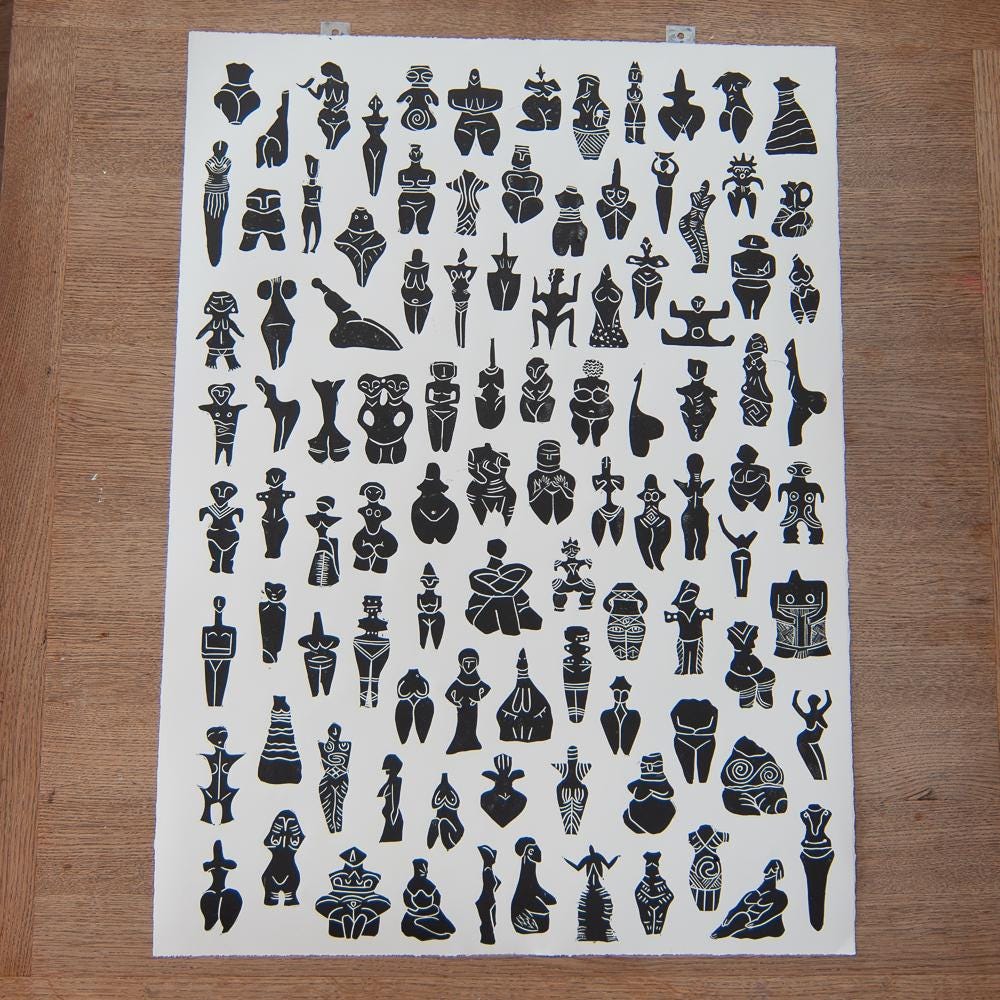 100. Our Divine Mother | Prehistoric Goddesses | Original Linocut Print