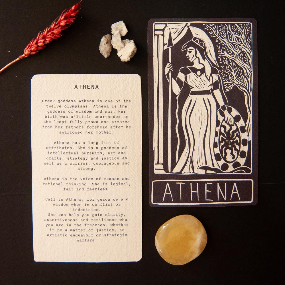 Athena Oracle card | Greek Goddess of wisdom and war. Goddess guidance, handmade linocut art