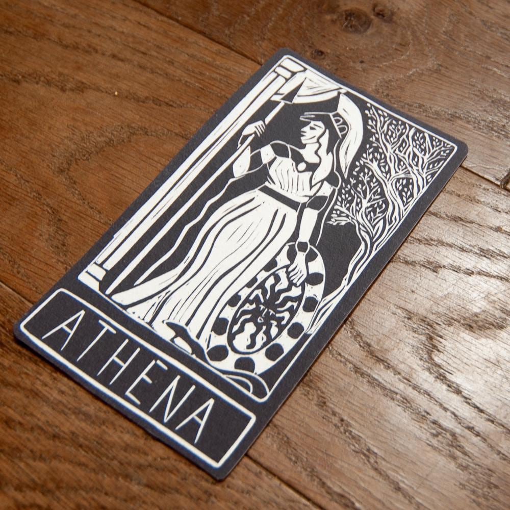 Athena Oracle card | Greek Goddess of wisdom and war. Goddess guidance, handmade linocut art