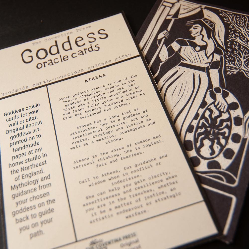 Athena Oracle card | Greek Goddess of wisdom and war. Goddess guidance, handmade linocut art