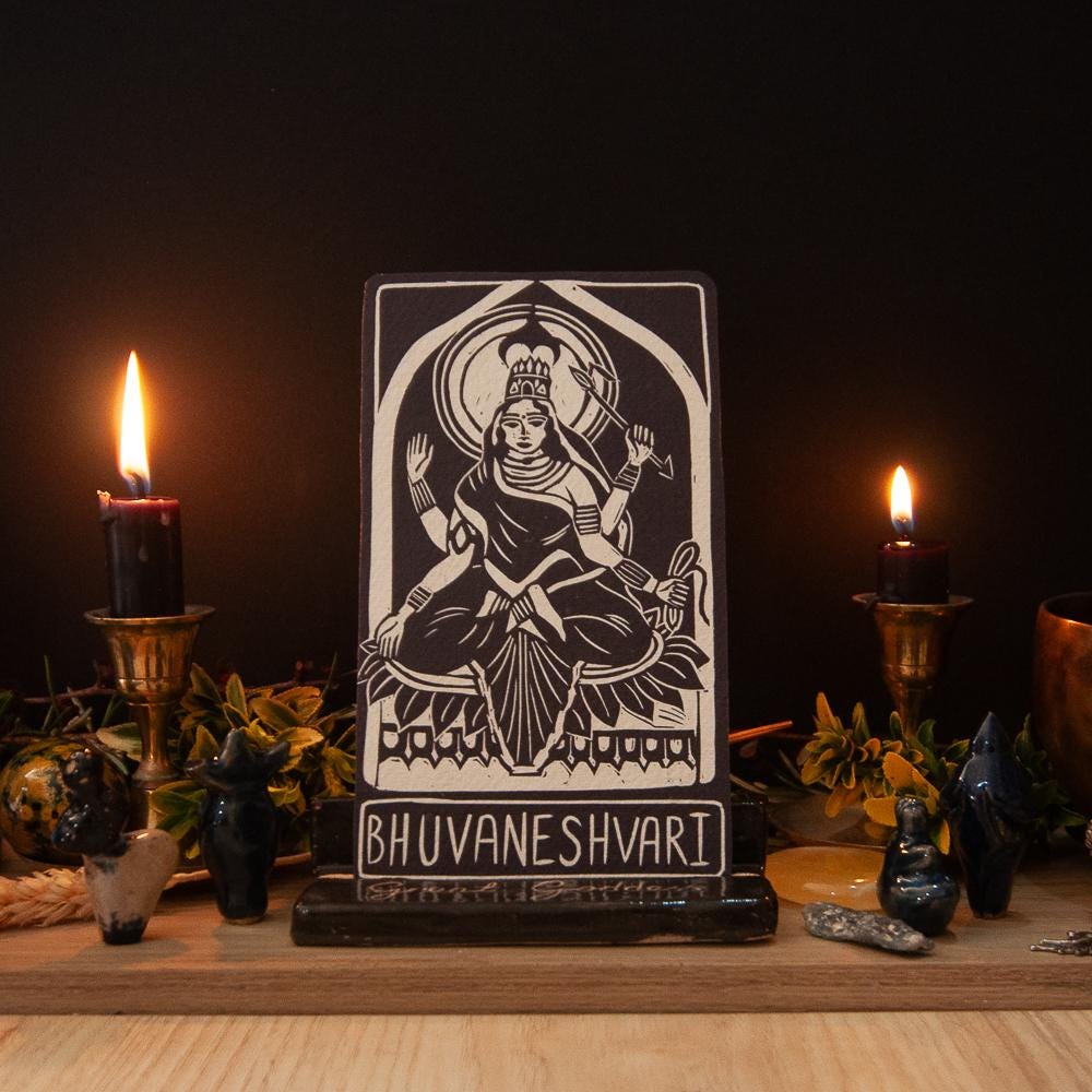 Bhuvaneshvari,Hindu goddess oracle card, abundance, handmade linocut art