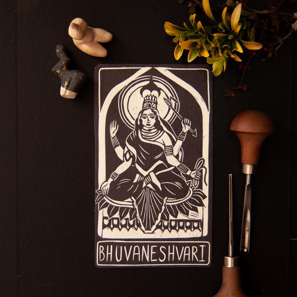 Bhuvaneshvari,Hindu goddess oracle card, abundance, handmade linocut art