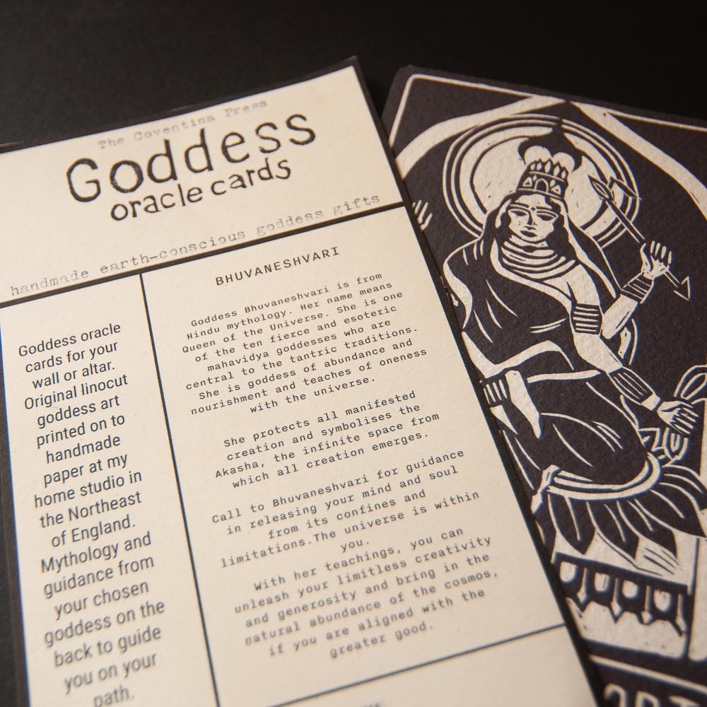 Bhuvaneshvari,Hindu goddess oracle card, abundance, handmade linocut art