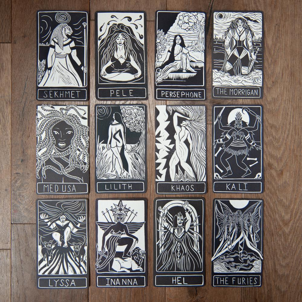 Isis oracle card, Egyptian goddess of magic, motherhood and healing, handmade linocut art