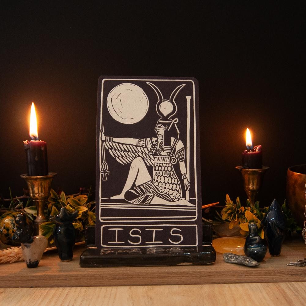 Isis oracle card, Egyptian goddess of magic, motherhood and healing, handmade linocut art